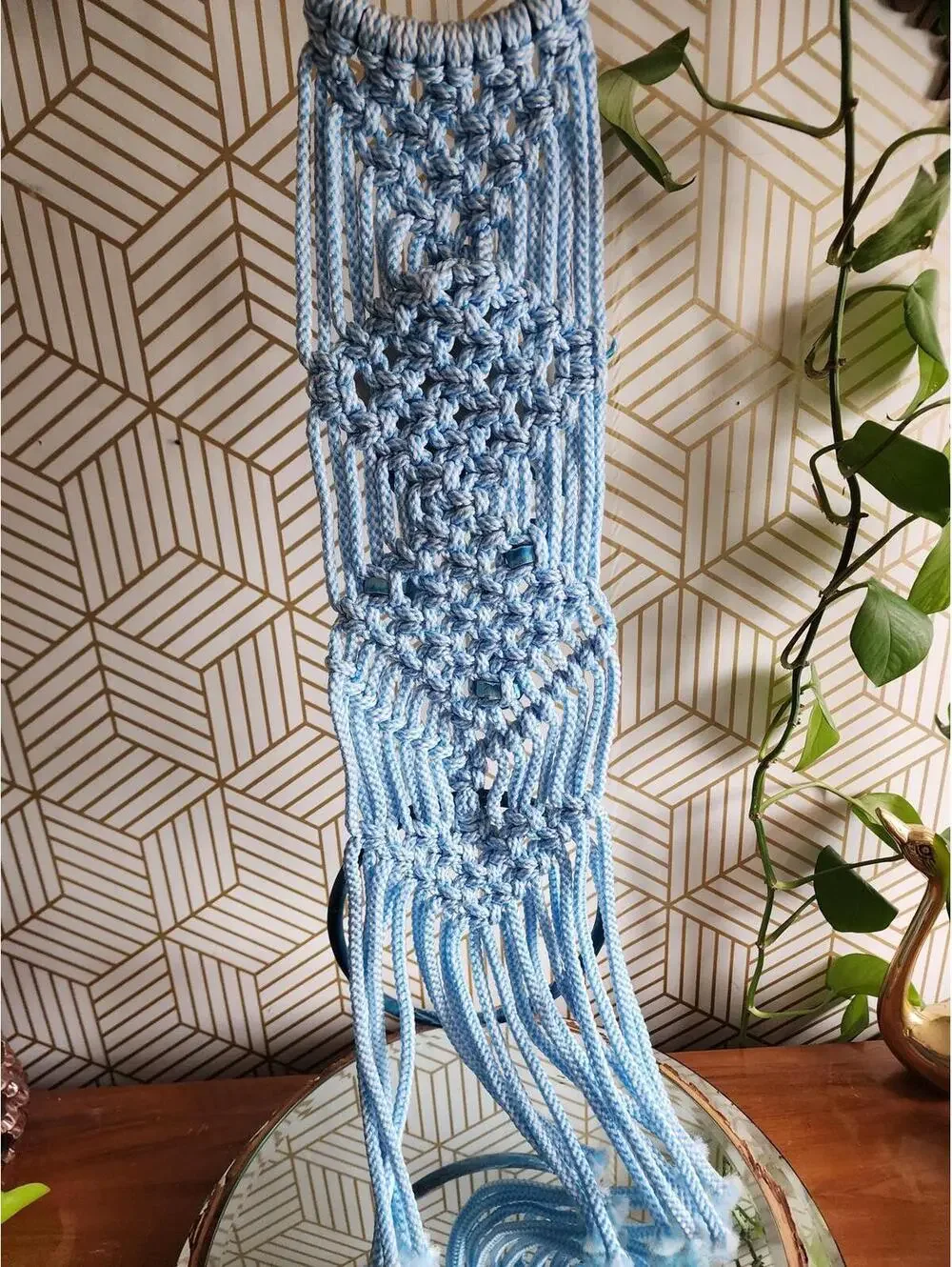 Vintage Atomic Retro Blue Macrame Hanging Towel Ring with Ceramic Blue Fish